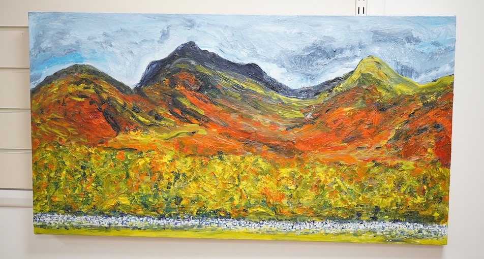 Impasto oil on canvas, Abstract landscape, hills and wall, indistinctly signed and dated 2018 verso, 53 x 99cm, unframed. Condition - good